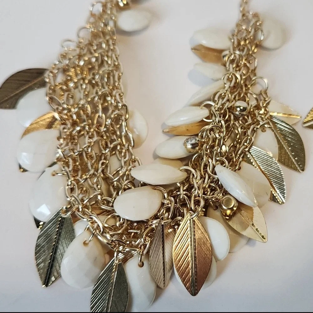 Gold and Cream Leaf Necklace - Picture 2 of 3